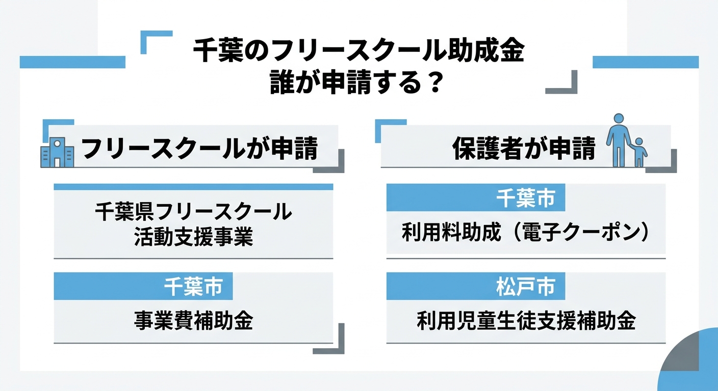 千葉のフリースクール助成金は誰が申請するかで分かれる。フリースクールが申請するのは千葉県フリースクール活動支援事業と千葉市事業費補助金。保護者が申請するのは千葉市の利用料助成(電子クーポン)と松戸市の利用児童生徒支援補助金