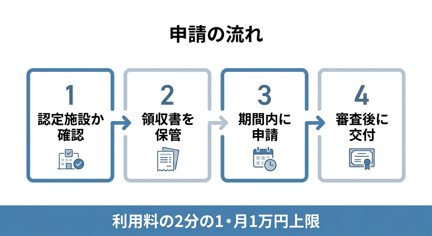 松山市フリースクール等利用補助金 申請の流れ。1 認定施設か確認、2 領収書を保管、3 期間内に申請、4 審査後に交付。利用料の2分の1・月1万円上限
