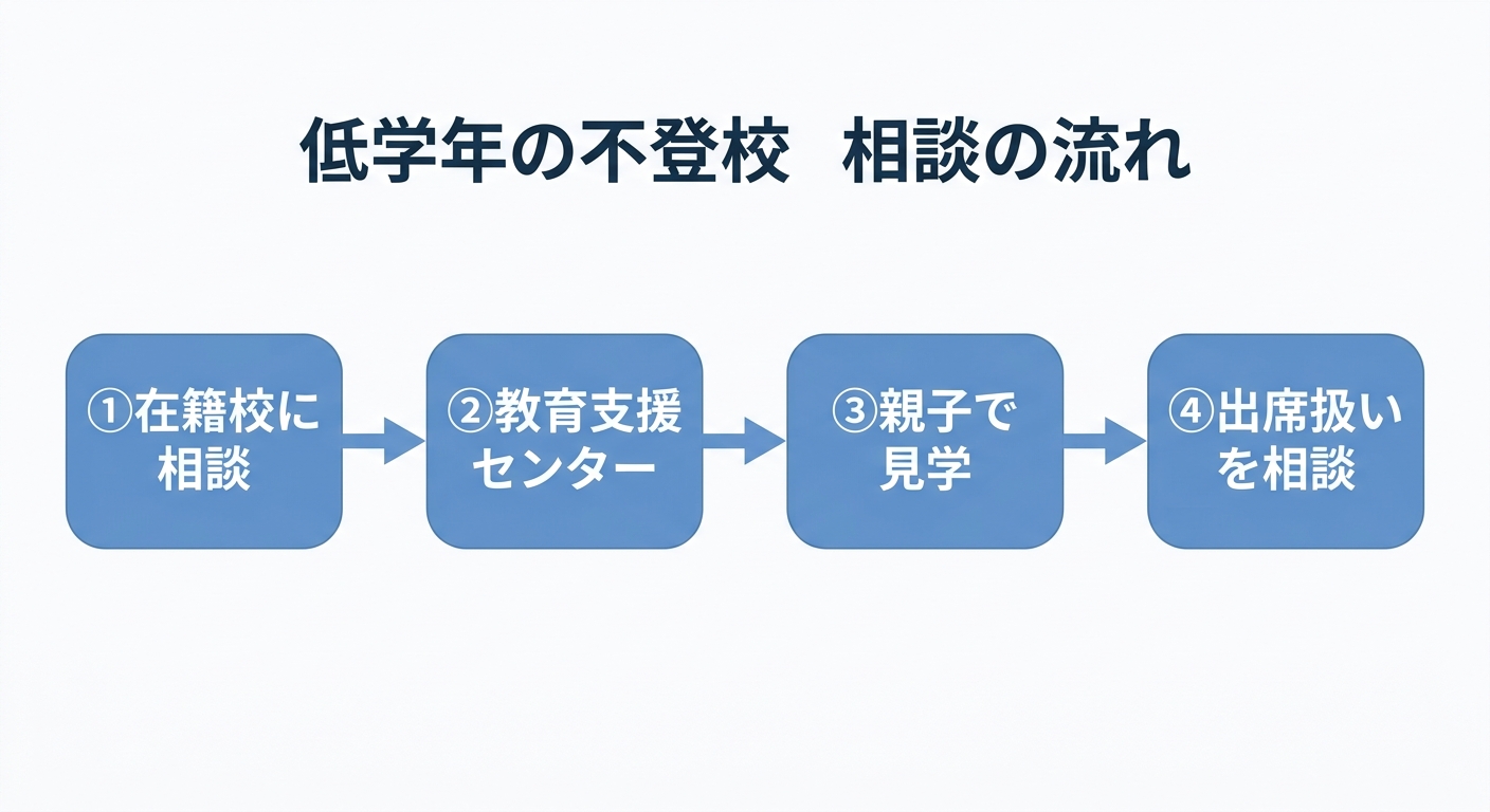 低学年の不登校の相談の流れ(①在籍校に相談 ②教育支援センター ③親子で見学 ④出席扱いを相談)