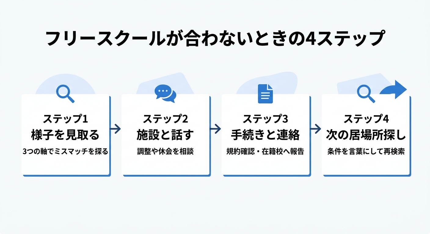 フリースクールが合わないときの4ステップ。ステップ1は様子を見取る（3つの軸でミスマッチを探る）、ステップ2は施設と話す（調整や休会を相談）、ステップ3は手続きと連絡（規約確認・在籍校へ報告）、ステップ4は次の居場所探し（条件を言葉にして再検索）