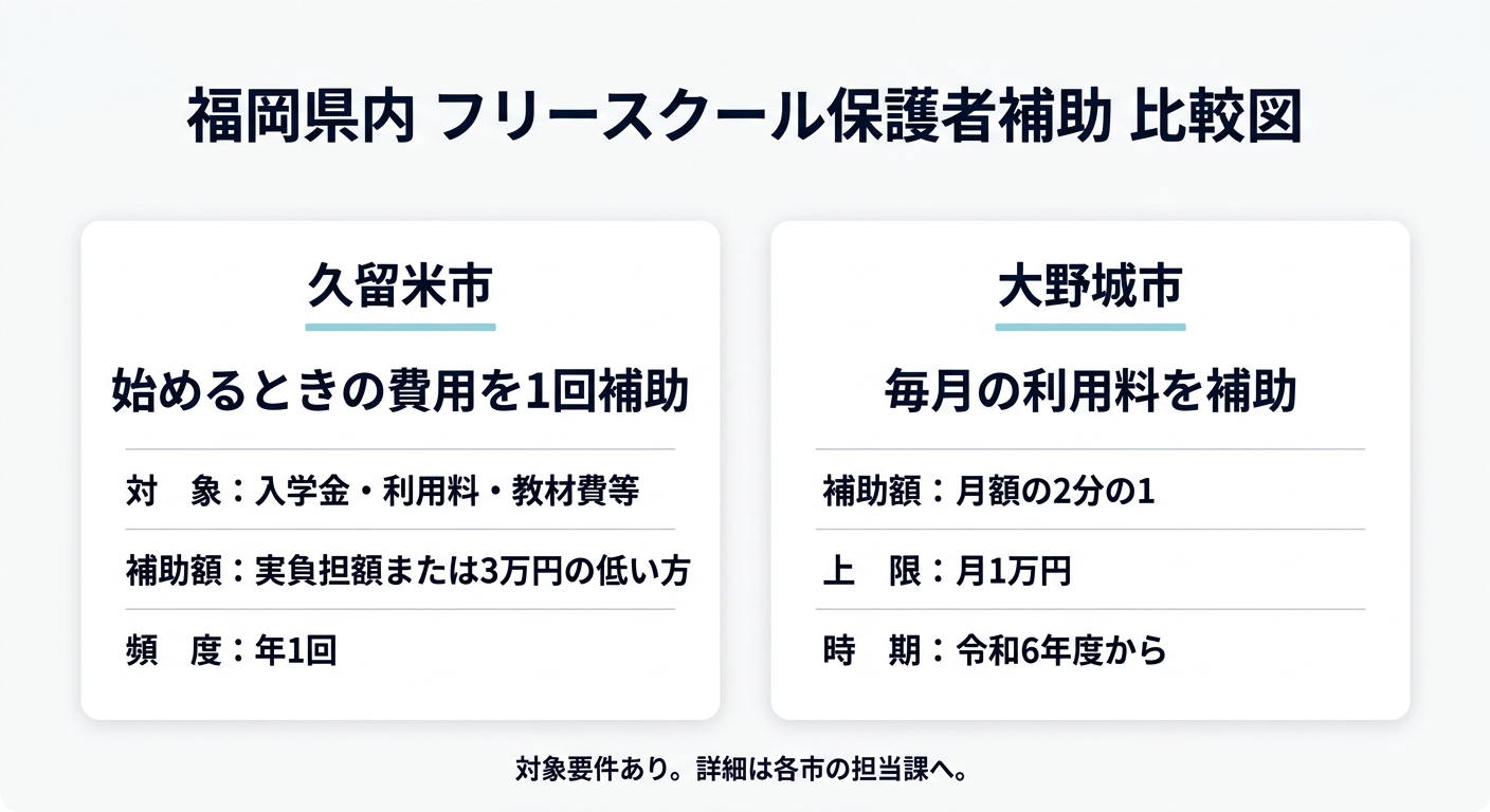 福岡県内の保護者向けフリースクール補助の比較図。久留米市は始めるときの費用を1回補助（対象は入学金・利用料・教材費等、補助額は実負担額または3万円の低い方、年1回）。大野城市は毎月の利用料を補助（月額の2分の1、上限月1万円、令和6年度から）。対象要件あり、詳細は各市の担当課へ