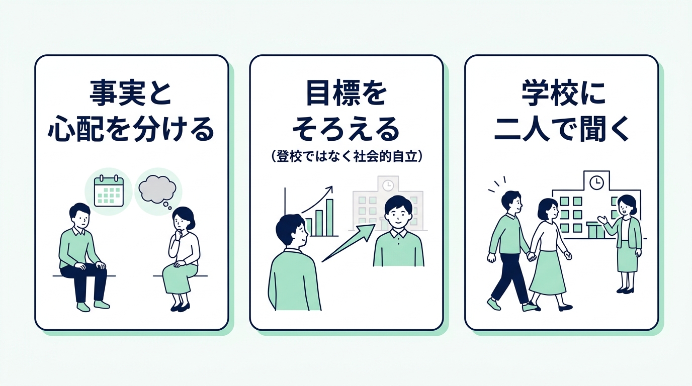 不登校をめぐって夫婦の意見が合わないときの話し合い3ステップの図。①事実と心配を分ける ②目標をそろえる(登校ではなく社会的自立) ③学校に二人で聞く