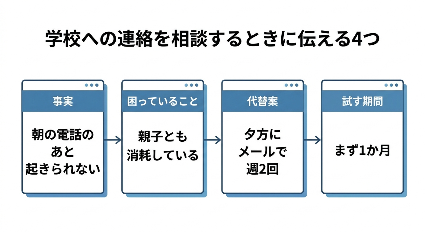 学校への連絡を相談するときに伝える4つの要素。1に事実(朝の電話のあと起きられない)、2に困っていること(親子とも消耗している)、3に代替案(夕方にメールで週2回)、4に試す期間(まず1か月)