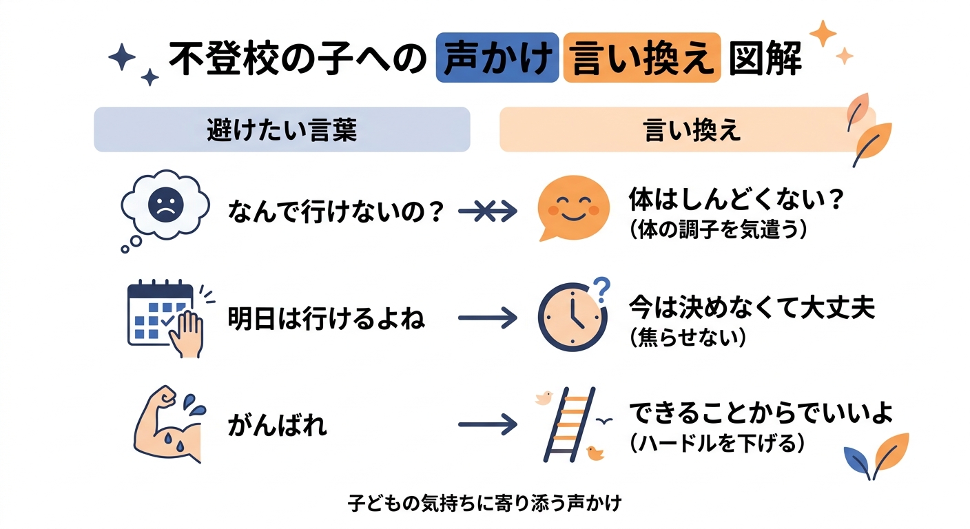 不登校の子への声かけの言い換え例。「なんで行けないの?」は「体はしんどくない?」に、「明日は行けるよね」は「今は決めなくて大丈夫」に、「がんばれ」は「できることからでいいよ」に言い換える