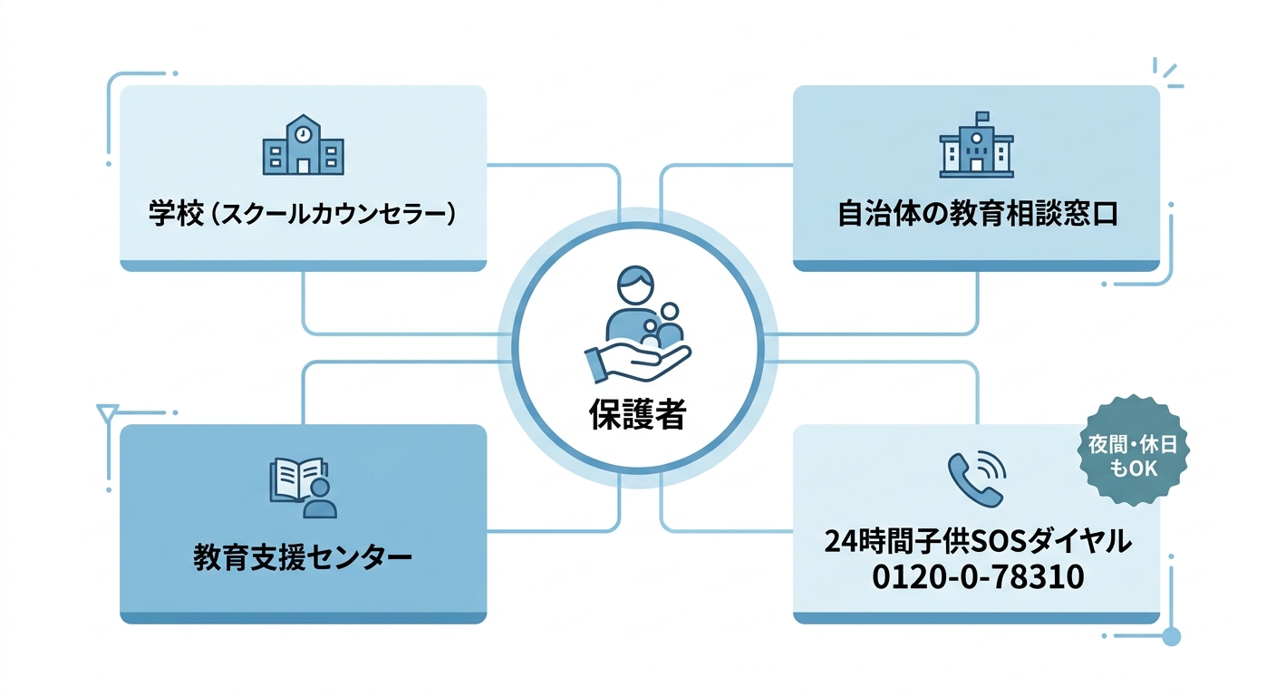 不登校の保護者が使える4つの相談先の図。学校(スクールカウンセラー)、自治体の教育相談窓口、教育支援センター、24時間子供SOSダイヤル0120-0-78310(夜間・休日も可)