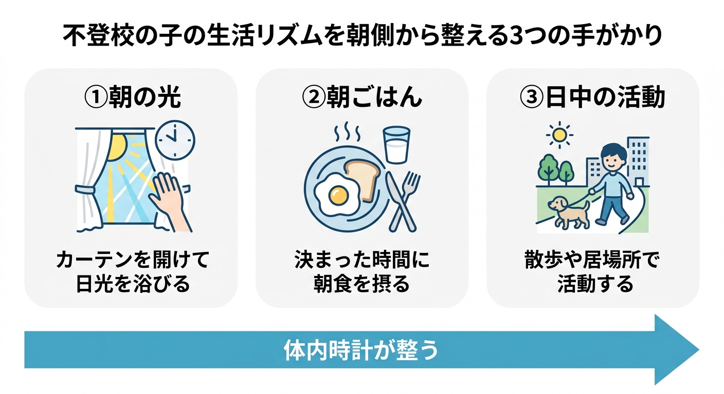 不登校の子の生活リズムを朝側から整える3つの手がかり。①朝の光: カーテンを開けて日光を浴びる、②朝ごはん: 決まった時間に朝食を摂る、③日中の活動: 散歩や居場所で活動する。この3つで体内時計が整う