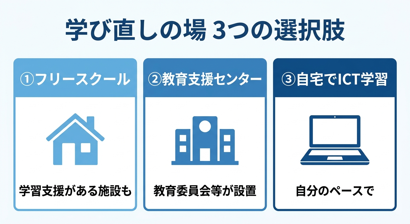 不登校の子どもの学び直しの場、3つの選択肢（フリースクール・教育支援センター・自宅でICT学習）を並べた図