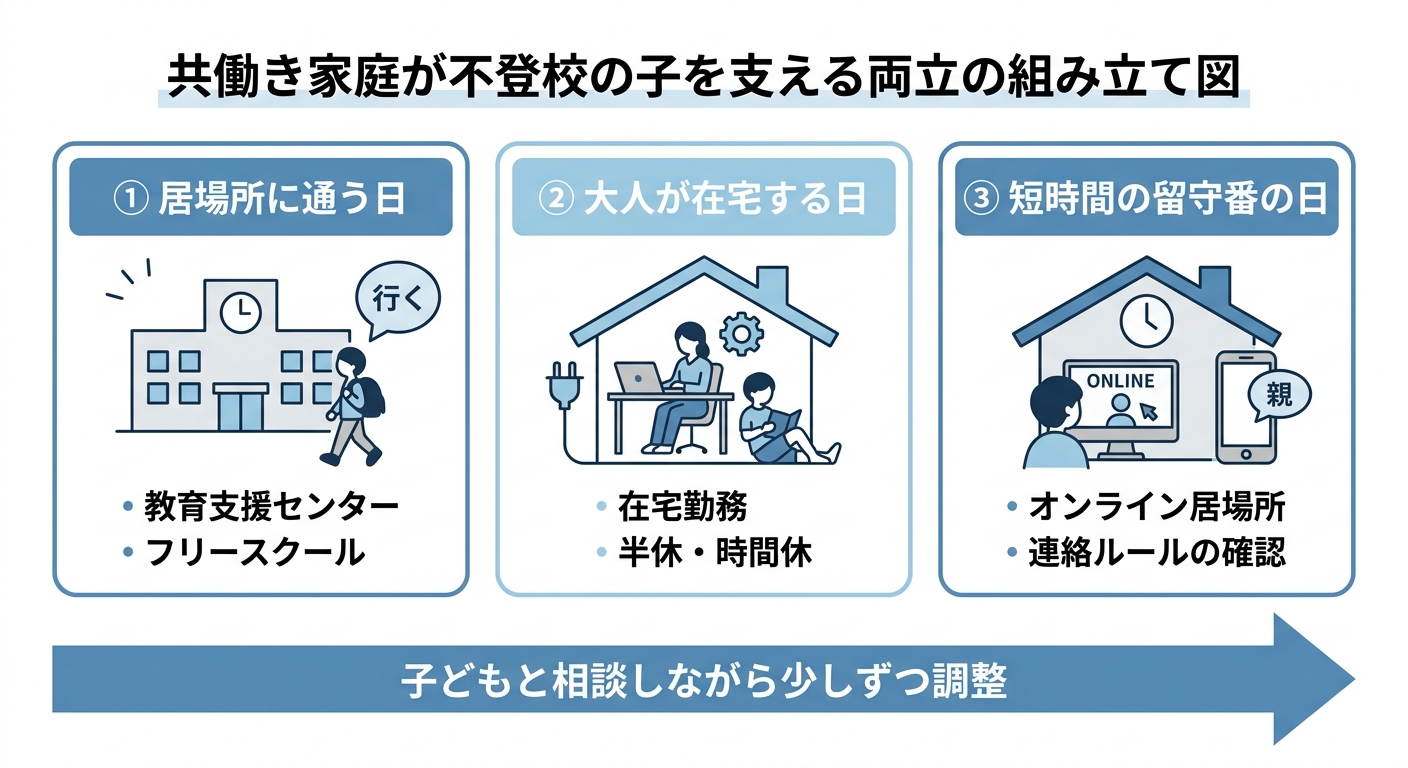 共働き家庭が不登校の子を支える両立の組み立て図。①居場所に通う日: 教育支援センター・フリースクール、②大人が在宅する日: 在宅勤務・半休・時間休、③短時間の留守番の日: オンライン居場所・連絡ルールの確認。この3つを子どもと相談しながら少しずつ調整する