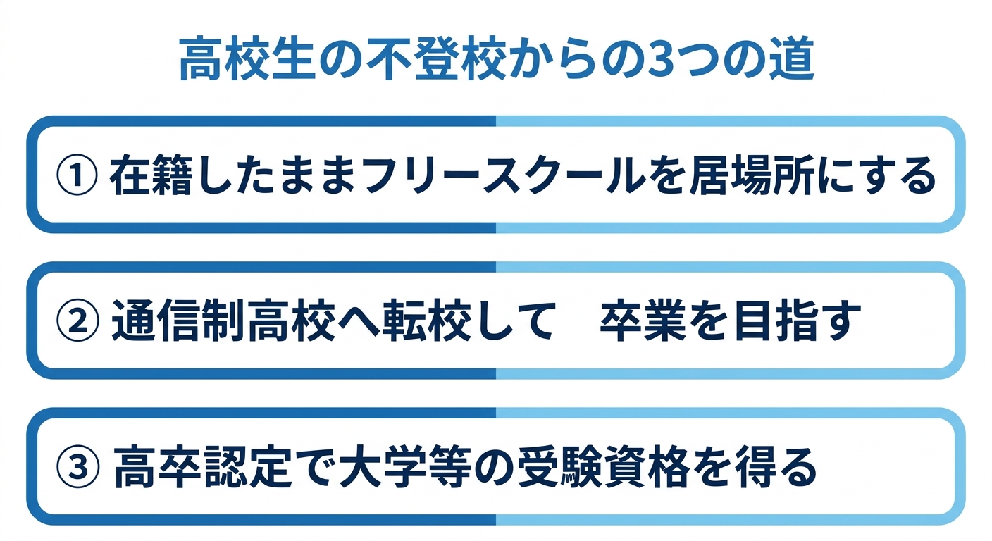 高校生の不登校からの3つの道。在籍したままフリースクールを居場所にする、通信制高校へ転校して卒業を目指す、高卒認定で大学等の受験資格を得るという3つの選択肢の図