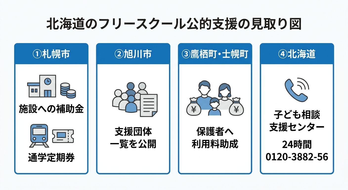 北海道のフリースクール公的支援の見取り図。①札幌市は施設への補助金と通学定期券、②旭川市は支援団体一覧を公開、③鷹栖町・士幌町は保護者へ利用料助成、④北海道は子ども相談支援センターで24時間相談 0120-3882-56