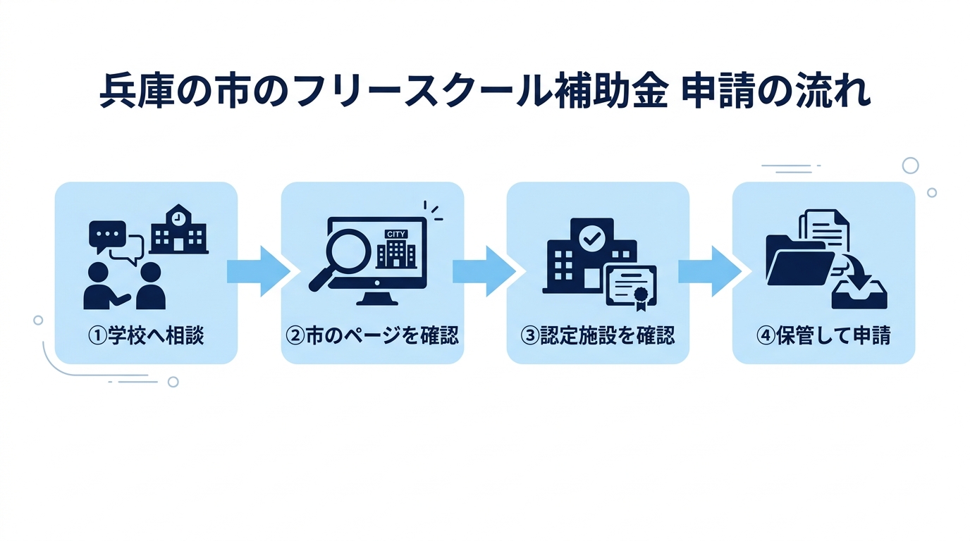 兵庫の市のフリースクール補助金 申請の流れ。1 学校へ相談、2 市のページを確認、3 認定施設を確認、4 保管して申請