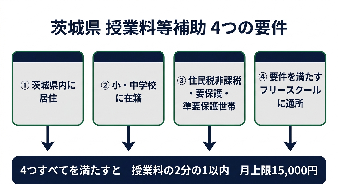 茨城県の授業料等補助の4つの要件。1 茨城県内に居住、2 小学校・中学校などに在籍する不登校児童生徒、3 住民税非課税世帯・要保護世帯・準要保護世帯、4 申立書の要件を満たす県内外のフリースクールに通所。4つすべてを満たすと補助率2分の1以内・月上限15,000円