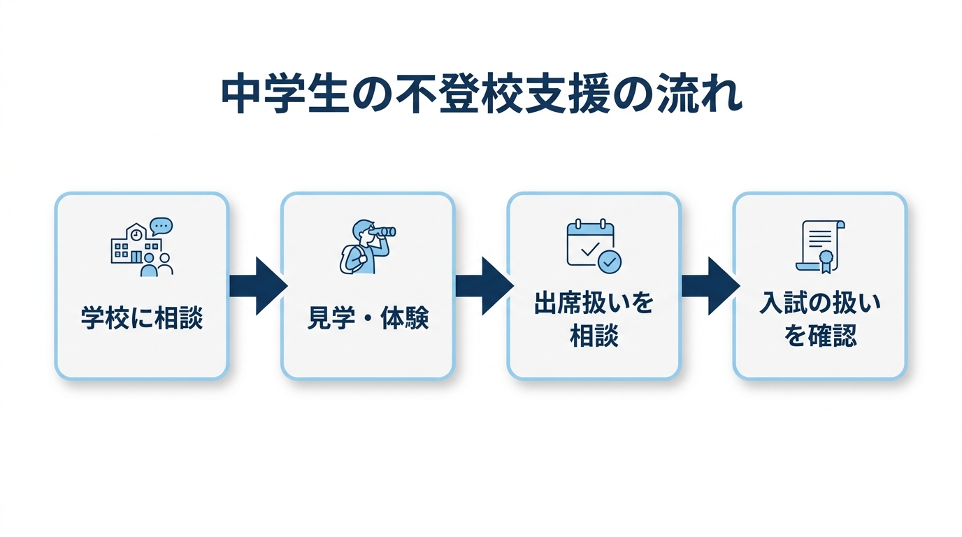 中学生の不登校支援の流れ(①学校に相談 ②見学・体験 ③出席扱いを相談 ④入試の扱いを確認)