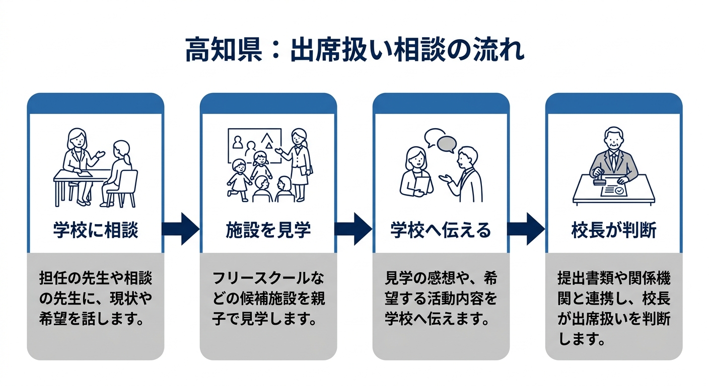 高知県で出席扱いを相談する流れの4ステップ。1 学校に相談、2 施設を見学、3 学校へ伝える、4 校長が判断