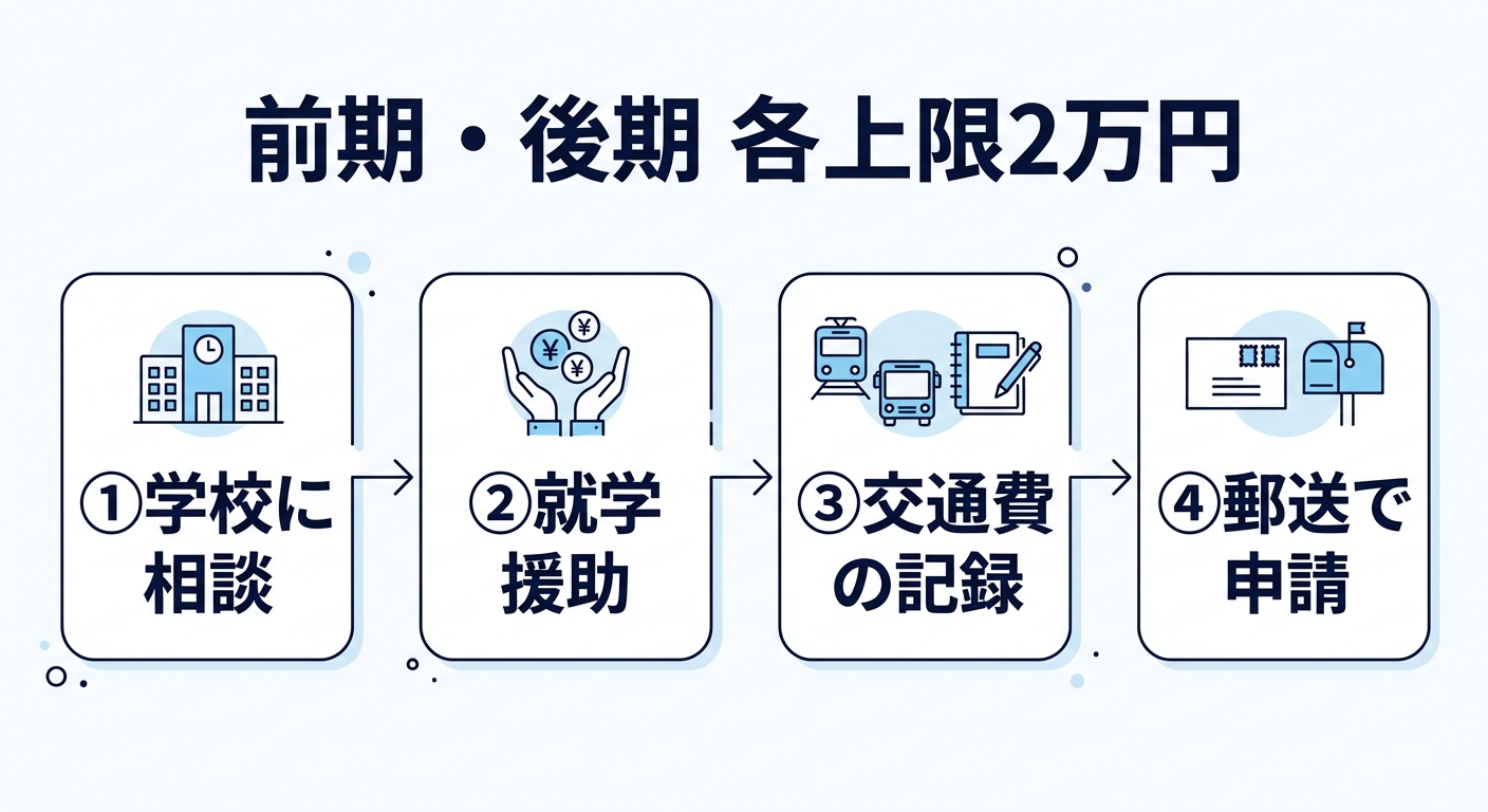 熊本県の経済的支援を使う4ステップ。①学校に相談、②就学援助、③交通費の記録、④郵送で申請。前期・後期それぞれ上限2万円