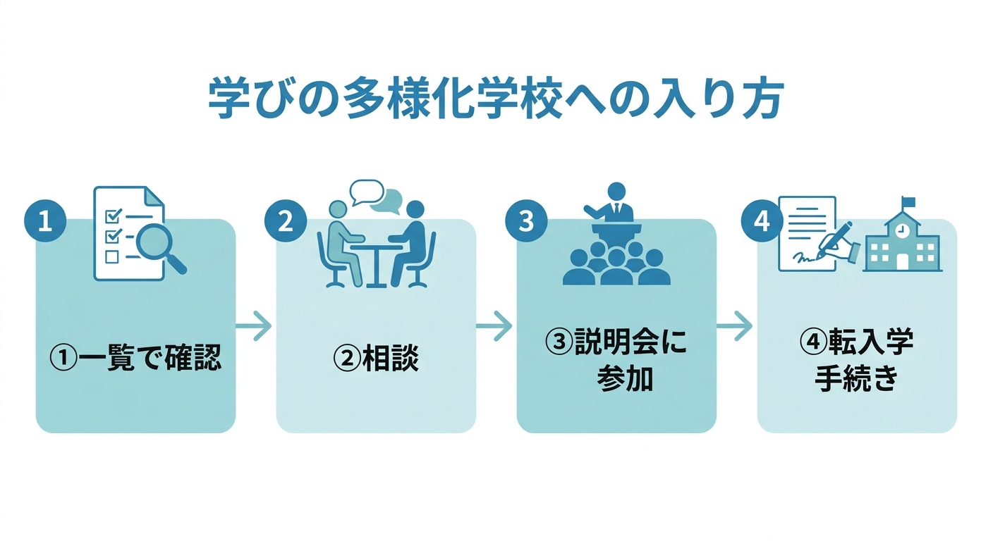 学びの多様化学校への入り方の4ステップ。①文部科学省の設置者一覧で確認、②教育委員会・学校に相談、③説明会に参加、④転入学手続き