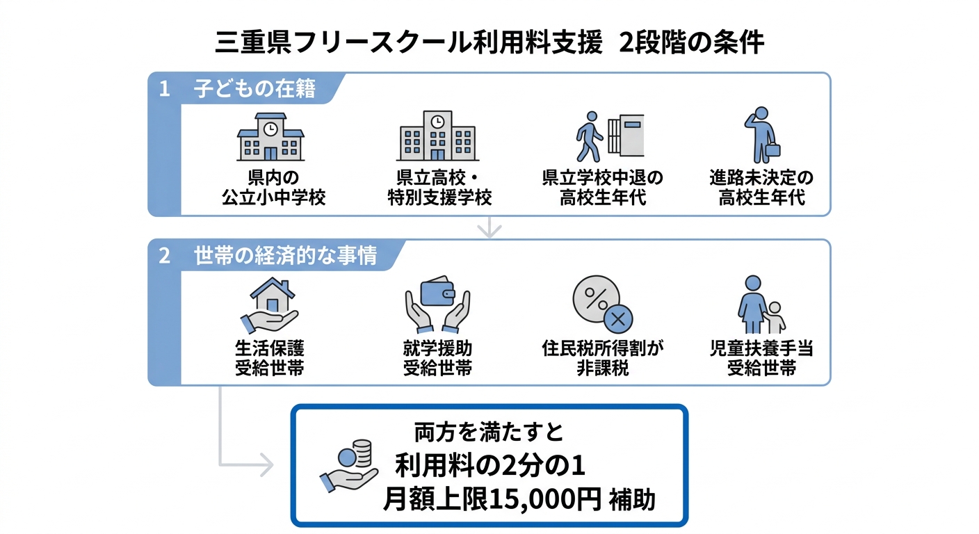 三重県フリースクール利用料支援の2段階の条件。1 子どもの在籍（県内の公立小中学校／県立高校・特別支援学校／県立学校中退の高校生年代／進路未決定の高校生年代）、2 世帯の経済的な事情（生活保護受給世帯／就学援助受給世帯／住民税所得割が非課税／児童扶養手当受給世帯）。両方を満たすと利用料の2分の1・月額上限15,000円を補助