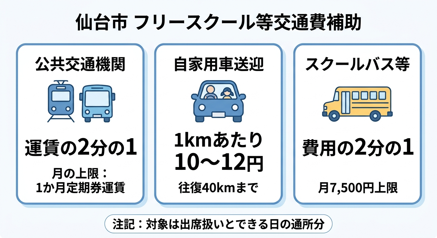 仙台市のフリースクール等交通費補助の図解。公共交通機関は運賃の2分の1(月の上限は1か月定期券運賃)、自家用車送迎は1kmあたり10〜12円(往復40kmまで)、スクールバス等は費用の2分の1(月7,500円上限)。対象は出席扱いとできる日の通所分