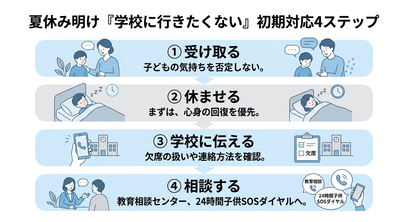 夏休み明けに「学校に行きたくない」と言われたときの家庭の初期対応4ステップ。1に受け取る（子どもの気持ちを否定しない）、2に休ませる（心身の回復を優先）、3に学校に伝える（欠席の扱いや連絡方法を確認）、4に相談する（教育相談窓口や24時間子供SOSダイヤルへ）