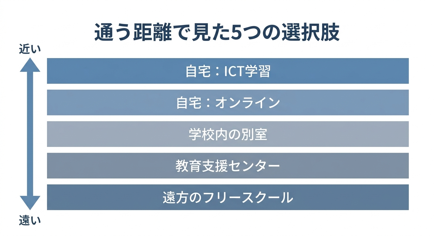通う距離の近い順に、自宅でのICT学習・自宅からのオンライン・学校内の別室・教育支援センター・遠方のフリースクールの5つを並べた図