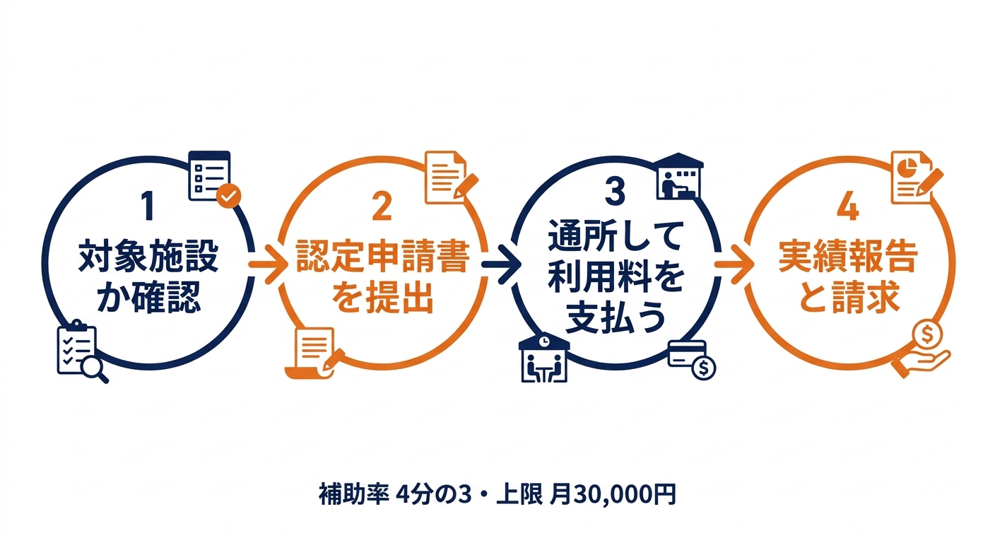 別府市の補助金を受けるまでの4ステップ。1 対象施設か確認、2 認定申請書を提出、3 通所して利用料を支払う、4 実績報告と請求。補助率4分の3・上限 月30,000円