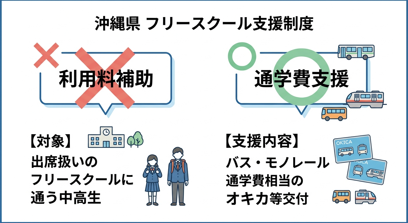 沖縄県のフリースクール支援は利用料補助ではなく通学費支援。対象は出席扱いのフリースクールに通う中高生、支援内容はバス・モノレール通学費相当のオキカ等交付