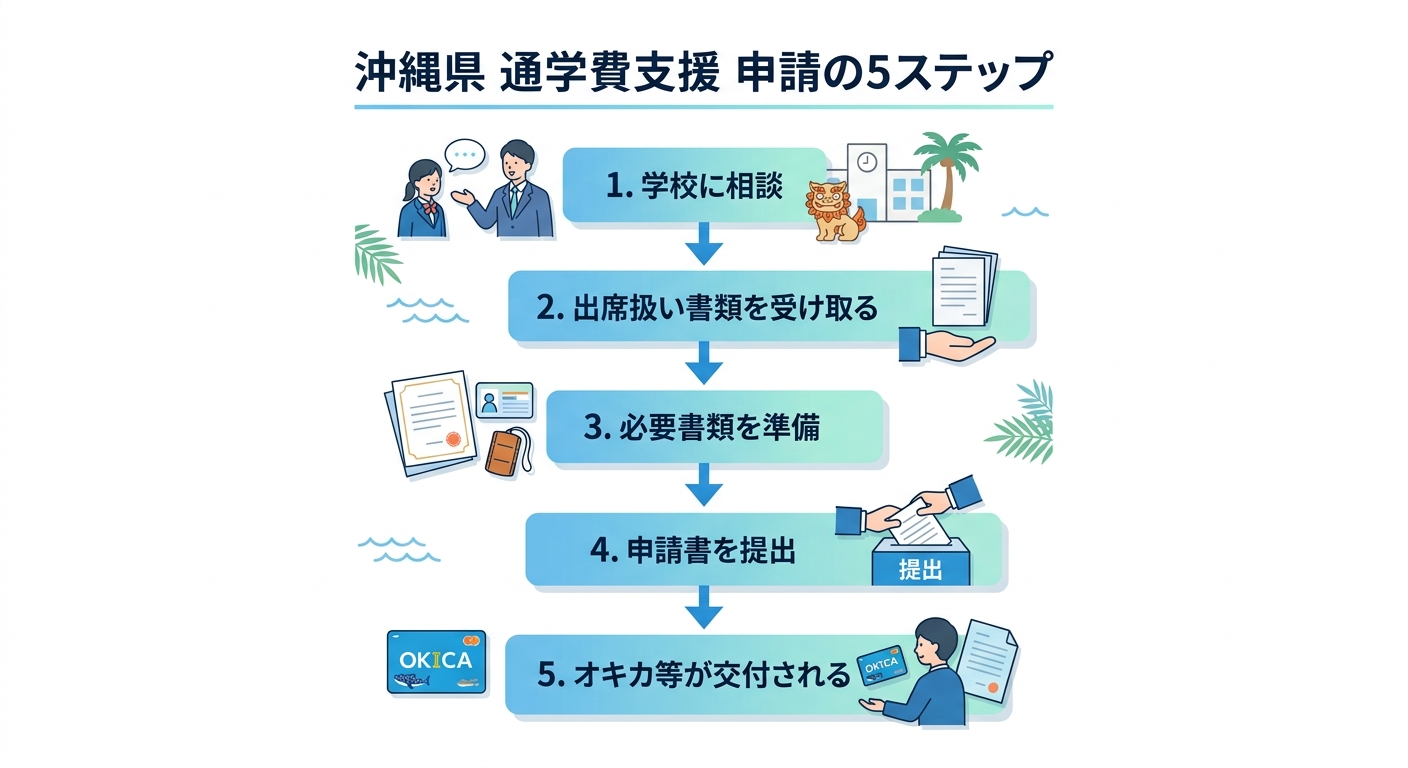 沖縄県の通学費支援を申請する5つの手順。学校相談、出席扱い認定、書類準備、申請書提出、オキカ交付の順に進む