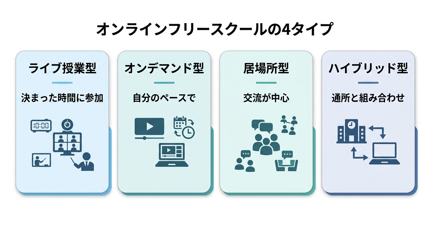 オンラインフリースクールの4タイプ（ライブ授業型・オンデマンド型・居場所型・ハイブリッド型）を並べた図