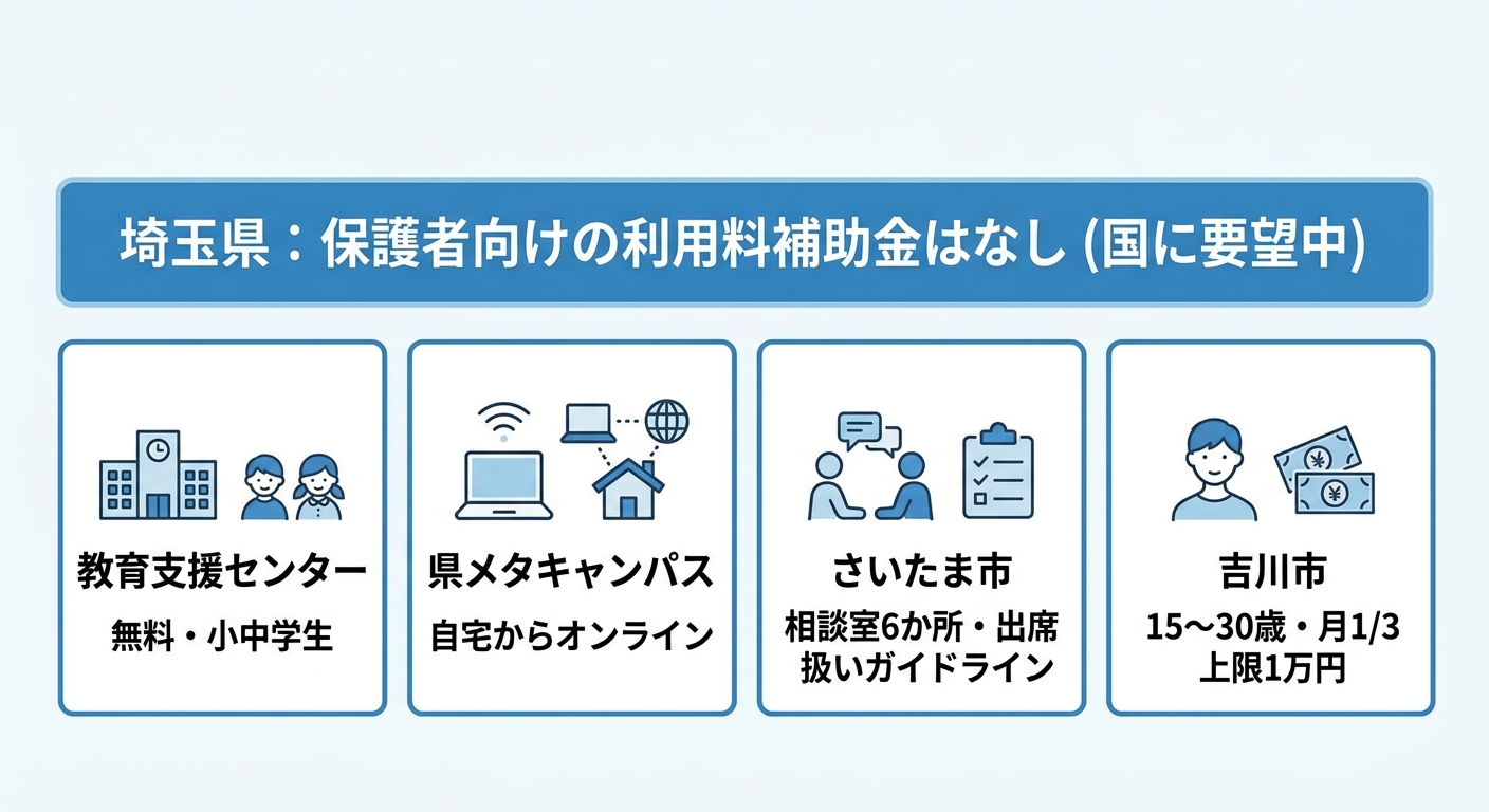 埼玉県には保護者向けのフリースクール利用料補助金はなく国に要望中。使える支援は、無料で小中学生対象の教育支援センター、自宅からオンラインで参加できる県メタキャンパス、相談室6か所と出席扱いガイドラインのあるさいたま市、15〜30歳対象で月額利用料の3分の1（上限1万円）を助成する吉川市