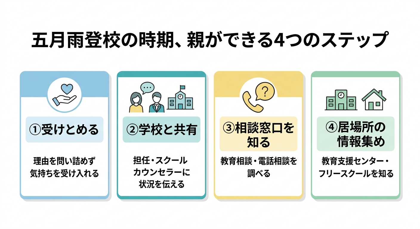 五月雨登校の時期に親ができる4つのステップ。1に受けとめる(理由を問い詰めず気持ちを受け入れる)、2に学校と共有(担任・スクールカウンセラーに状況を伝える)、3に相談窓口を知る(教育相談・電話相談を調べる)、4に居場所の情報集め(教育支援センター・フリースクールを知る)