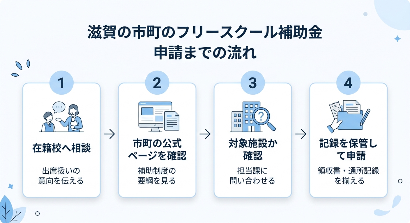滋賀の市町のフリースクール補助金 申請までの流れ。1 在籍校へ相談(出席扱いの意向を伝える)、2 市町の公式ページを確認(補助制度の要綱を見る)、3 対象施設か確認(担当課に問い合わせる)、4 記録を保管して申請(領収書・通所記録を揃える)