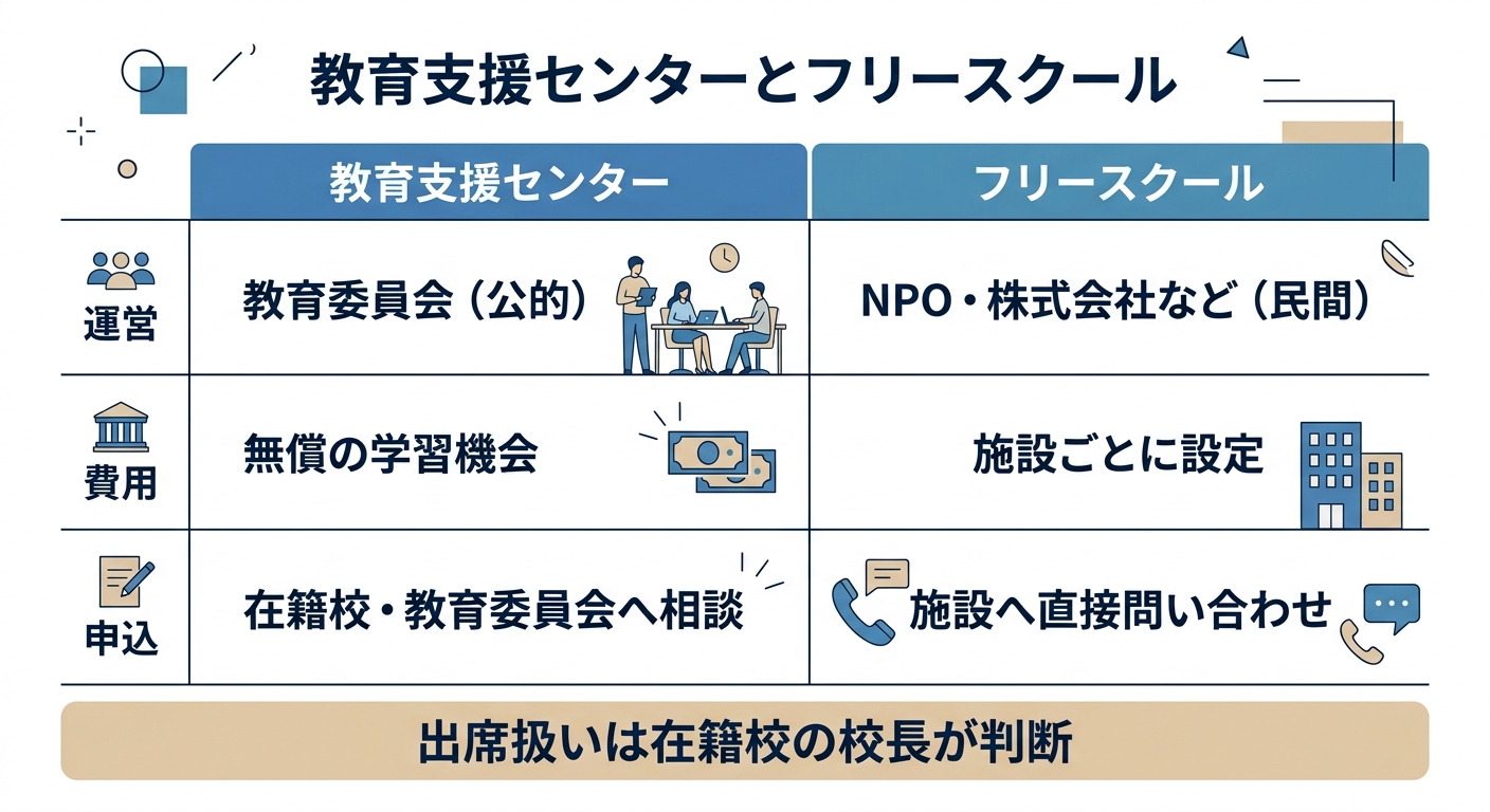 教育支援センターとフリースクールの比較図。運営は教育委員会(公的)とNPO・株式会社など(民間)、費用は無償の学習機会と施設ごとに設定、申込は在籍校・教育委員会へ相談と施設へ直接問い合わせ。出席扱いはどちらも在籍校の校長が判断