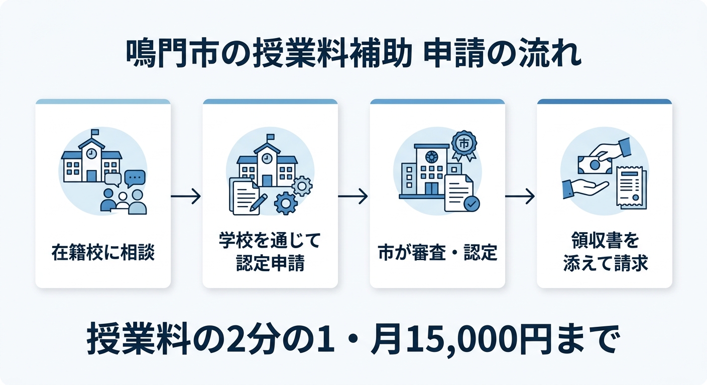 鳴門市の授業料補助の申請の流れ。①在籍校に相談、②学校を通じて認定申請、③市が審査・認定、④領収書を添えて請求。補助は授業料の2分の1・月15,000円まで