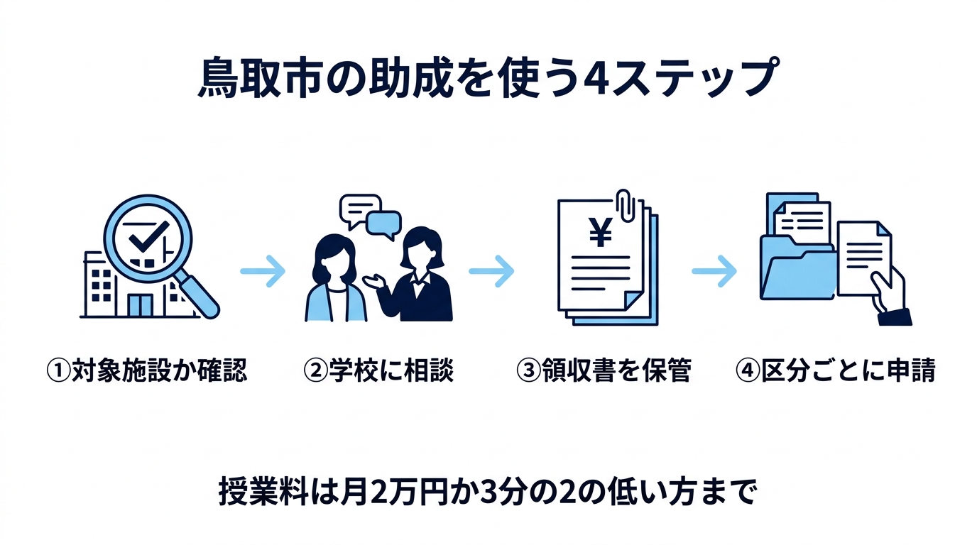 鳥取市の助成を使う4ステップ。①対象施設か確認、②学校に相談、③領収書を保管、④区分ごとに申請。授業料は月2万円か3分の2の低い方まで