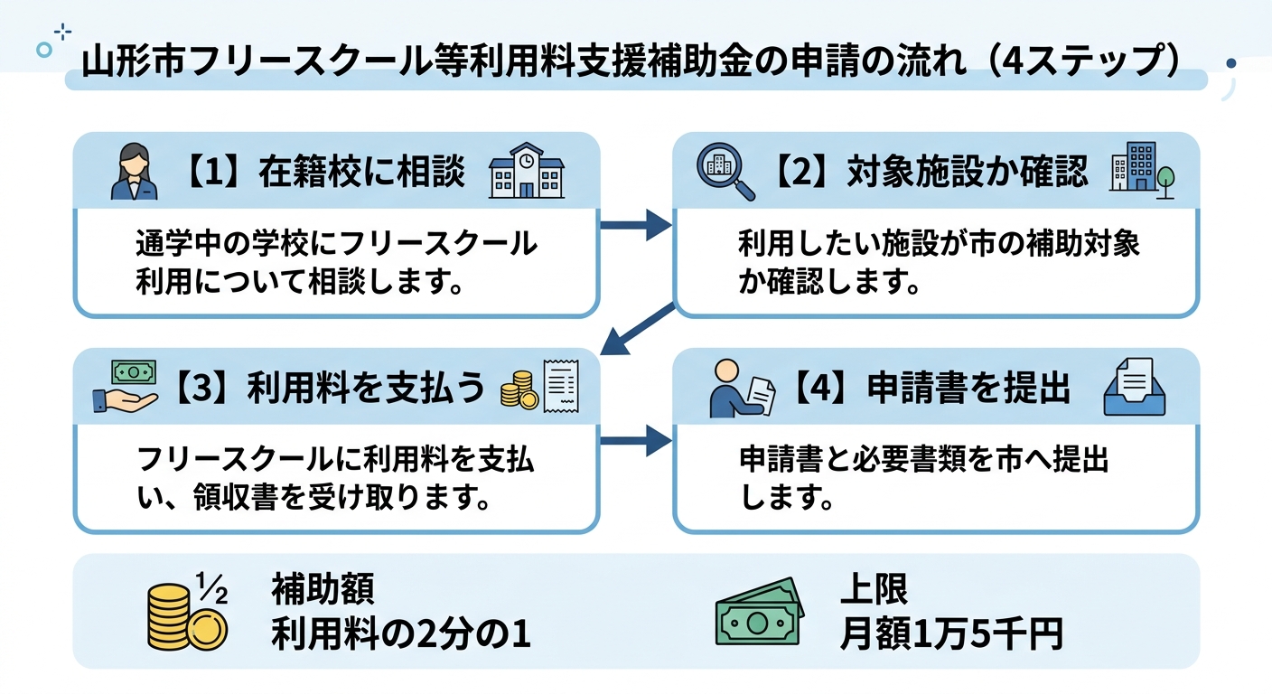 山形市フリースクール等利用料支援補助金の申請の流れ図。4ステップ。①在籍校に相談 ②対象施設か確認 ③利用料を支払う ④申請書を提出。補助額は利用料の2分の1、上限は月額1万5千円